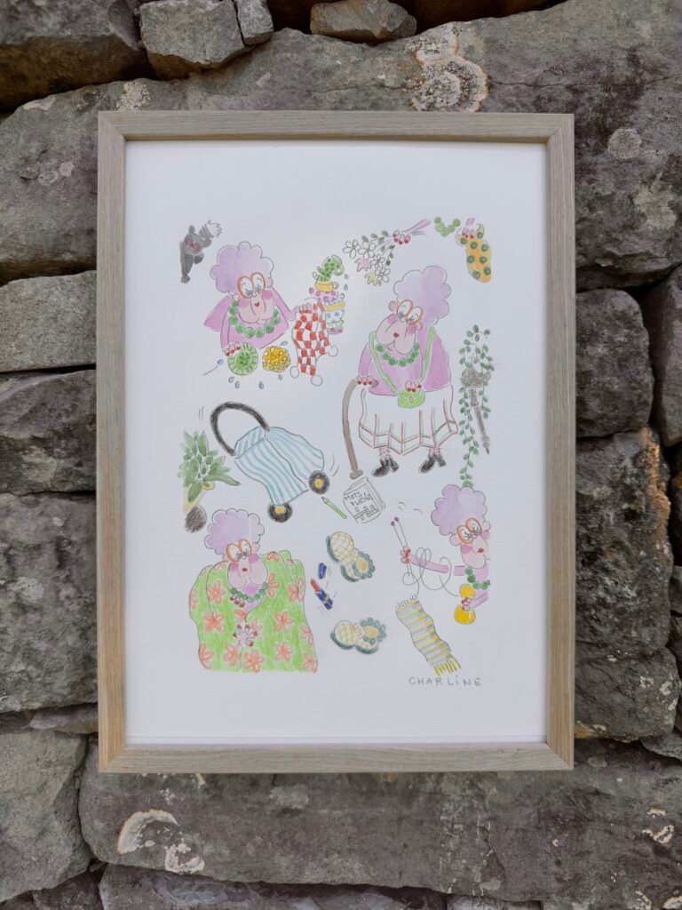 Illustration originale à l’aquarelle "mémé Colette", création unique et expressive de Charline Dailly, issue de son univers coloré et poétique.