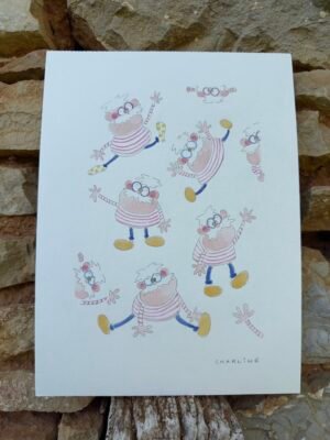 Illustration colorée d’un personnage nommé Moustache, dessin humoristique signé Charline Dailly Illustration.