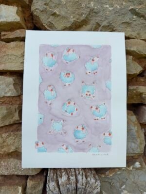 Illustration aquarelle d’un petit mouton bleu nommé Moumoute, création douce et poétique de Charline Dailly, symbole de paix et de simplicité