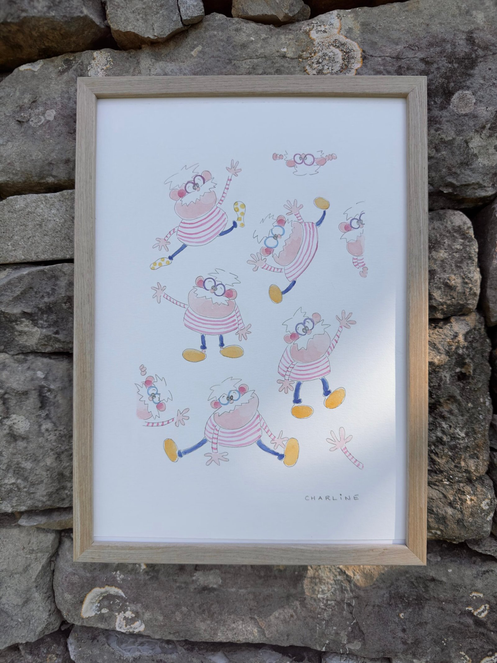 Illustration colorée d’un personnage nommé Moustache, dessin humoristique signé Charline Dailly Illustration.