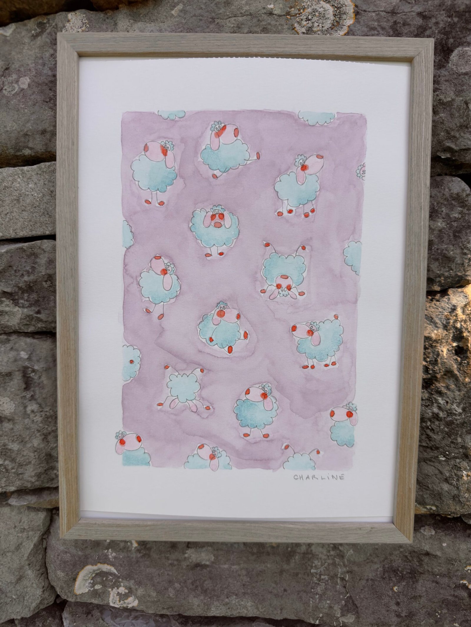 Illustration aquarelle d’un petit mouton bleu nommé Moumoute, création douce et poétique de Charline Dailly, symbole de paix et de simplicité