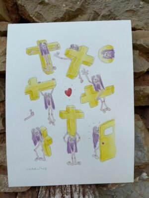 Illustration originale à l’aquarelle Le Christ, création unique et expressive de Charline Dailly, issue de son univers coloré et poétique.