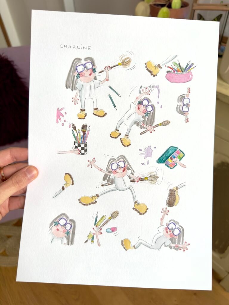 Exemple d’illustration personnalisée au format A4 : portrait aquarelle de Charline avec personnages dynamiques, lunettes, chaussures et détails colorés.